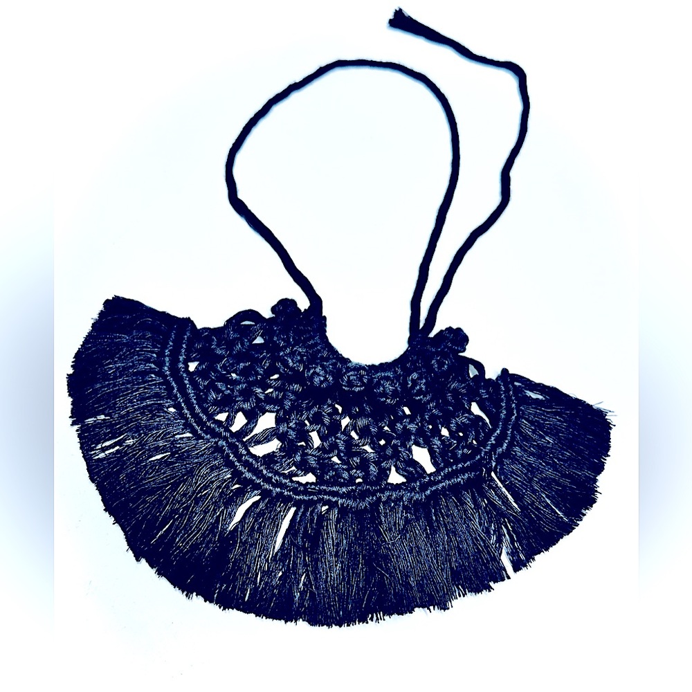 Bohemian Black Handwoven Fringy Tapestry Necklace Knotted w/Love, Soul_Embellish